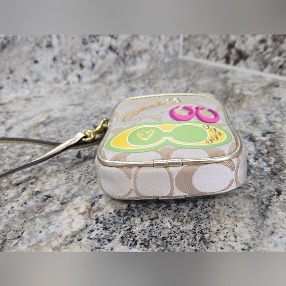 NWOT Coach Wristlet Beige Gold Zippered Front Pocket Embellished Colorful - Picture 8 of 12